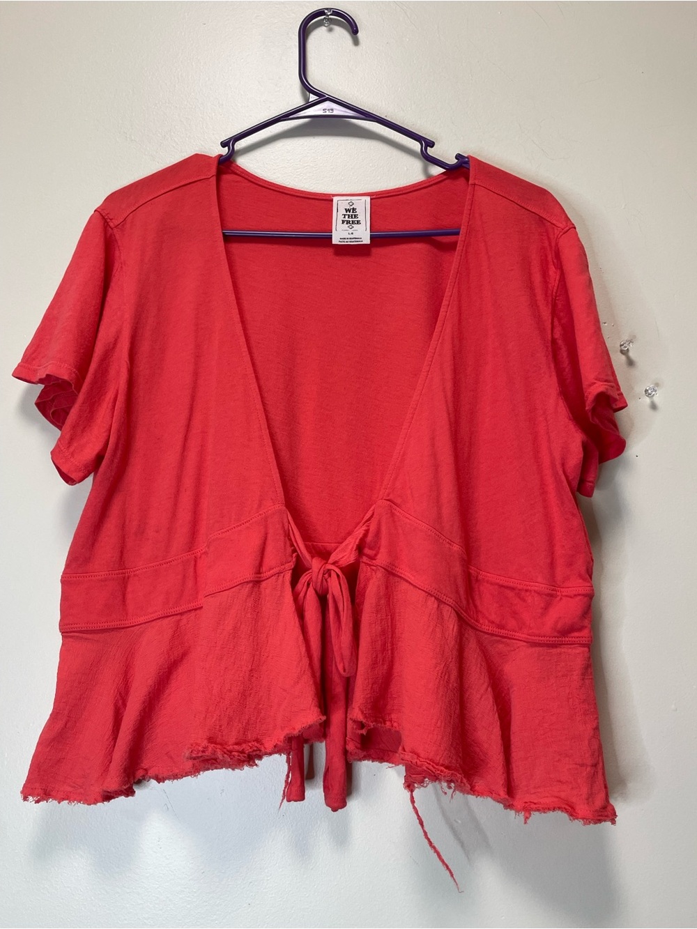 We The Free (Free People) Red Tie-Front Short Sleeve Peplum Top - Size Large@